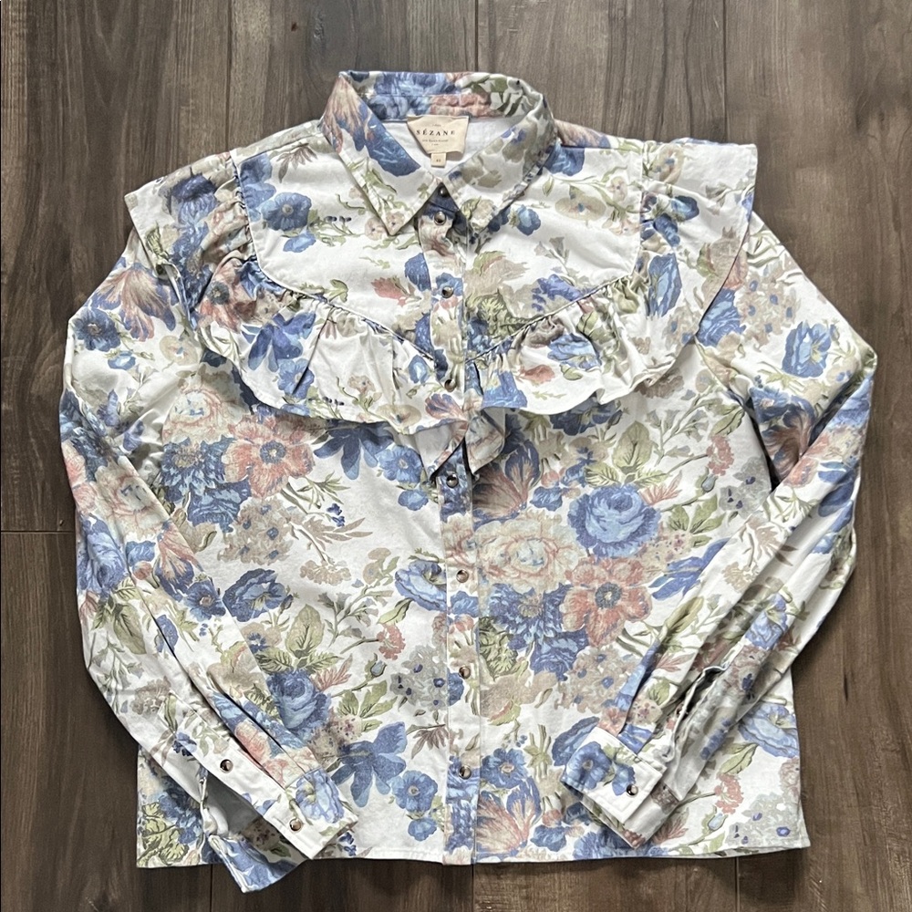 Sézane Blue, Pink and Green Floral denim shirt